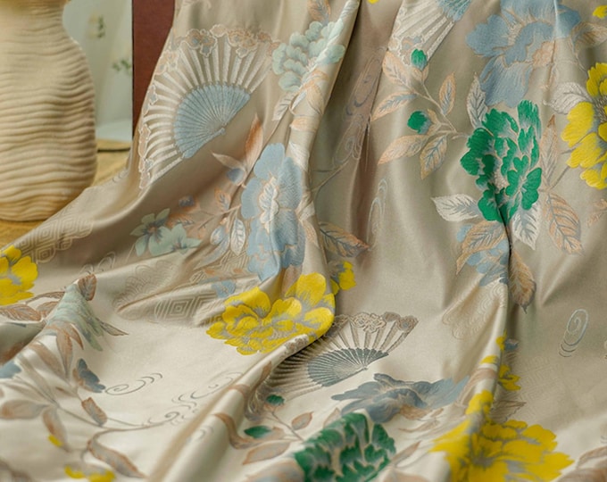 Rayon Peony Japanese Nishijin Fabric, Japanese Fans flower silk brocade by the meter, 59“W, Upholstery, Decor, Costume, bag, DIY/by 1 meter