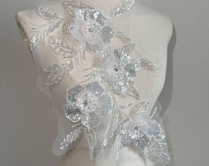 3D Floral Appliques with Diamond Sequins - Mesh Embroidered Cloth Stickers for DIY Crafts, Dance Costume Decorations, and Lace Accessories