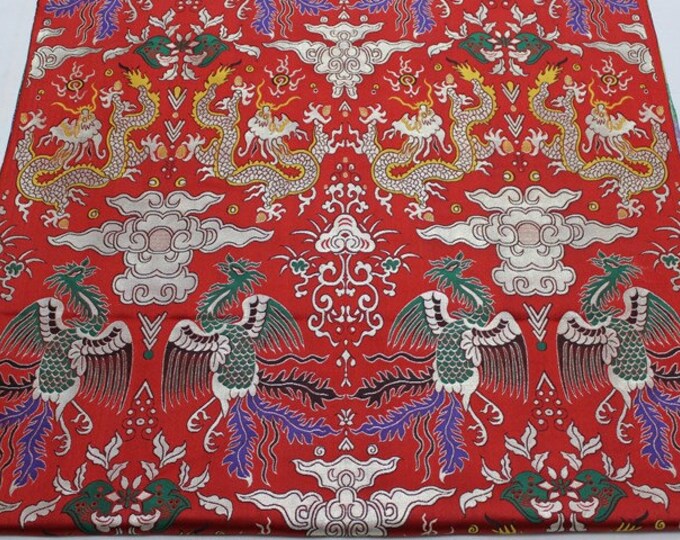 Chinese Dragon & Phoenix Bird Multi Color Brocade Emperor robe, cheongsam, Tibetan robe, spinning Fabric, silk, satin, and brocade, 29"W