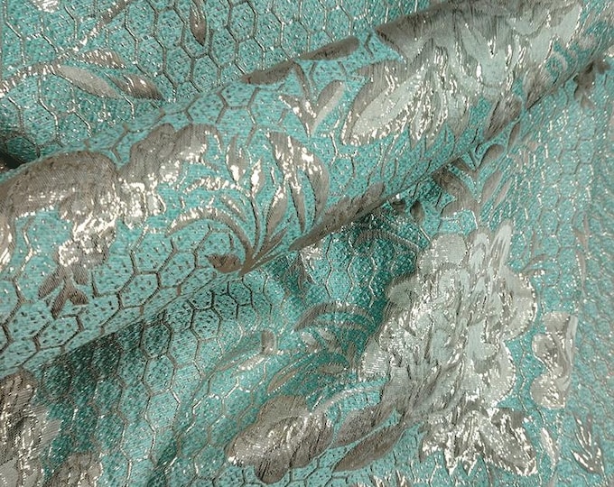 Jacquard Fabric 3D silver thread, Aqua blue Design, 59" Wide, Upholstery, Decor, Costume, Curtain, Handbag, Sewing, DIY/Fabric by the meter