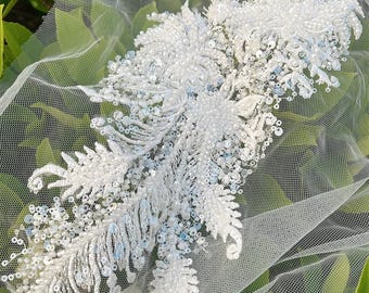 Luxury 14" Soft Embroidered Lace Trim – Bridal Wedding Veil, Light Ivory, By Yard, sequins wedding dress, headwear, shoes, DIY accessories