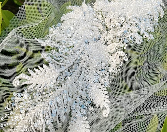 Luxury 14" Soft Embroidered Lace Trim – Bridal Wedding Veil, Light Ivory, By Yard, sequins wedding dress, headwear, shoes, DIY accessories