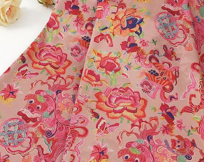 Ancient Painting Tea Silk Satin Fabric: 59"W Digital Print Upholstery