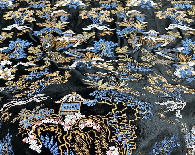 Beaded Sequin Embroidery Fabric with Velvet Base – DIY Dressmaking, Gowns, Costumes, 49"Wide