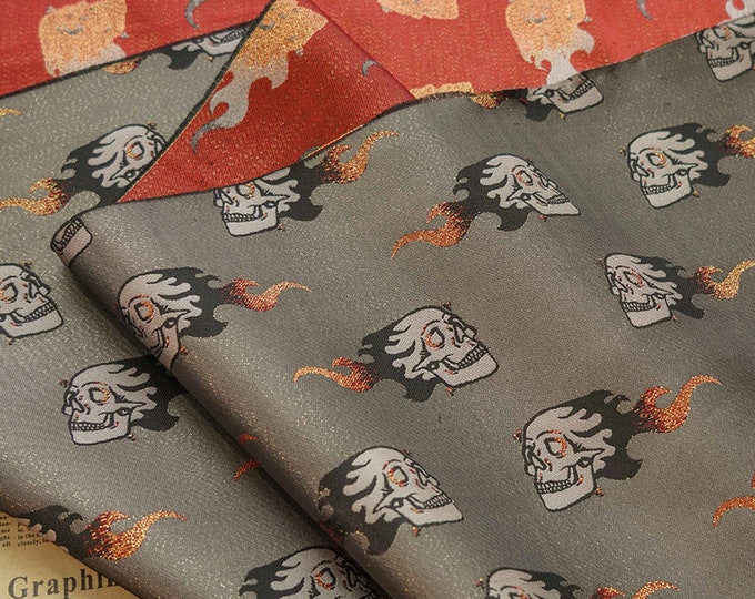 Gold thread Jacquard fabric, skeleton halloween elements, 62"W, Upholstery, Decor, Costume, Curtain, Handbag, Sewing/Fabric by the meter