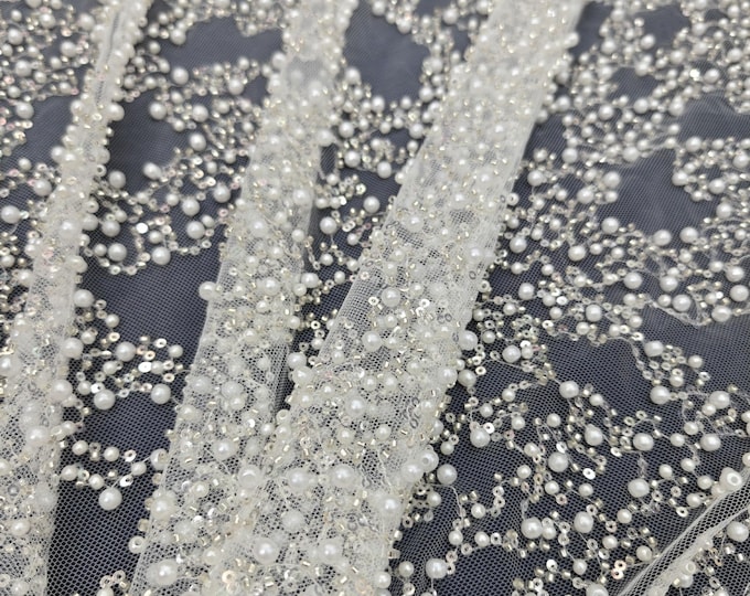 Beaded French Lace Fabric: Bridal Wedding Dress Gown Material - 50"W