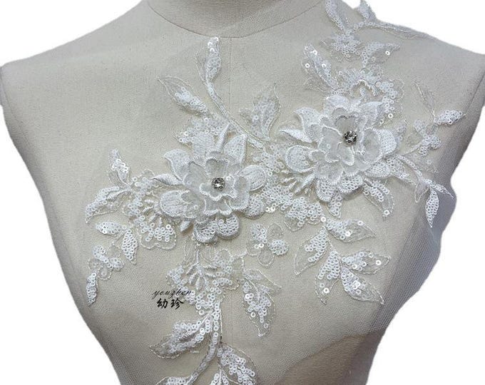 3D Floral Appliques with Diamond Sequins - Mesh Embroidered Cloth Stickers for DIY Crafts, Dance Costume Decorations, and Lace Accessories