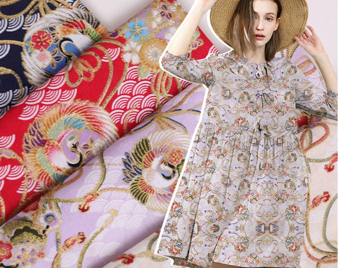 Japanese Printed Fabric, 100% Cotton, crane pattern, Sewing Fabric for Dress, Kimono, home decor, Upholstery, Costume, handbag by 1 meter