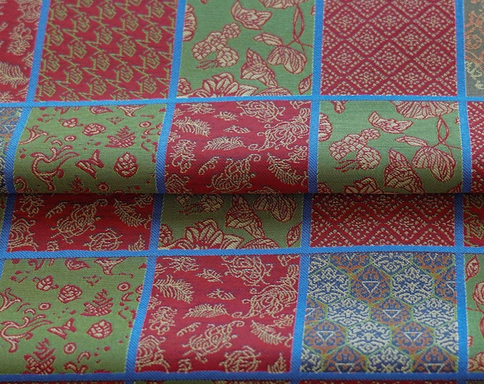 Contrast check jacquard woven fabric, Full of flowers and brocades with embossed effects, Upholstery, Sewing DIY fabric, 55"W By 1 yard