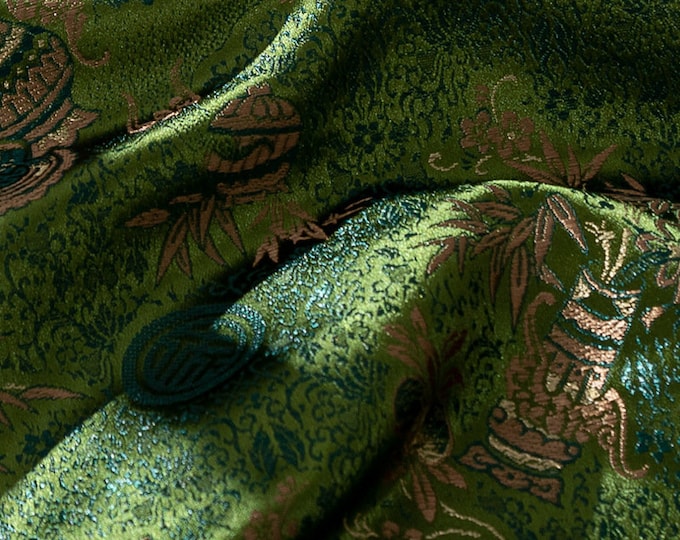29.5"W dark green vase of fortune Tibetan Textile Fabric, Upholstery Fabric, Tibetan robe, wedding Fabric, silk, Asian & drapery/fabric