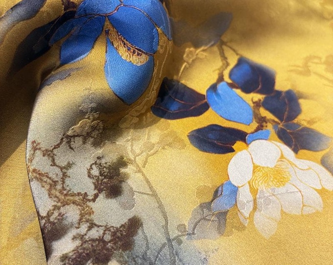 55"W gold and blue Tea silk 100% satin fabric, Digital print, Upholstery, Decor, Costume, Curtain, bag, Sewing, drapery, DIY, doll/Fabric