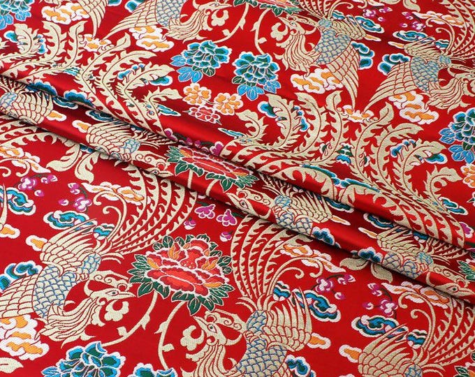 Chinese Emperor Queen and King Wedding Cheongsam Fabric, Embroidery Gold Phoenix pattern, Silk brocade 58"W, Sewing fabric, cheongsam, Qipao