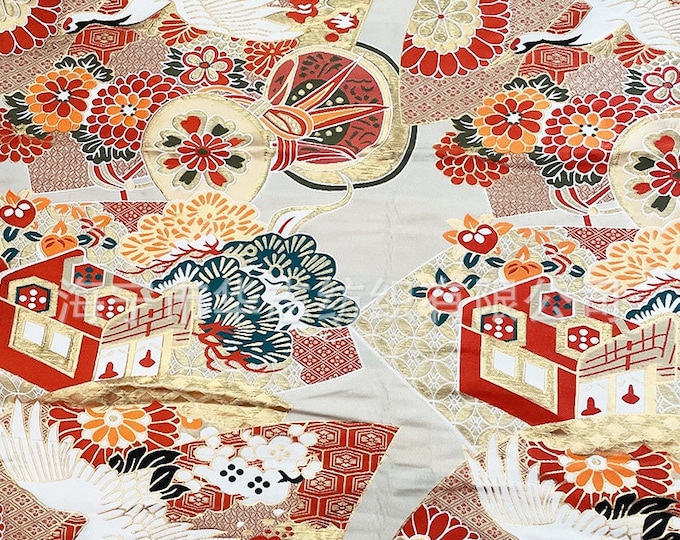 29.5"W Birds Fabric, Japanese Crane Jacquard Satin Fabric, Upholstery, Sewing, Decor, Costume/Fabric by the meter, vivid color On Sale
