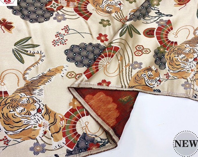 Embroidery 3D brocade Fabric, 12 zodiac Tiger and Fans Jacquard satin brocade by the meter, 59“Width 2 colors , Quilting, Sewing, Upholstery