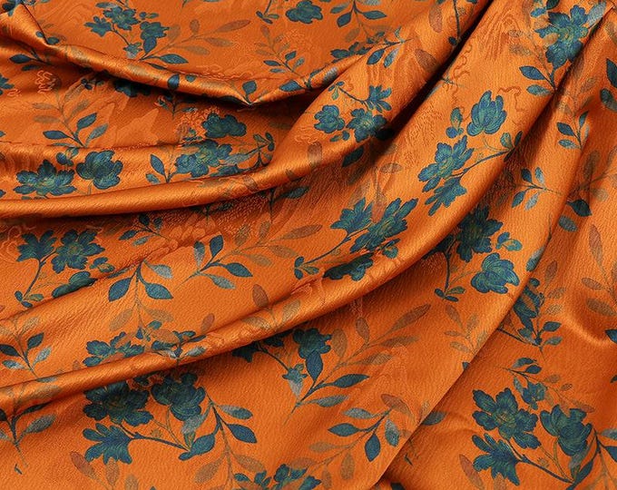 59"W plum blossom blooms Tea silk fabric, Digital print, 4 colors, Upholstery, Decor, Costume, Curtain, bag, Sewing, drapery, DIY/Fabric