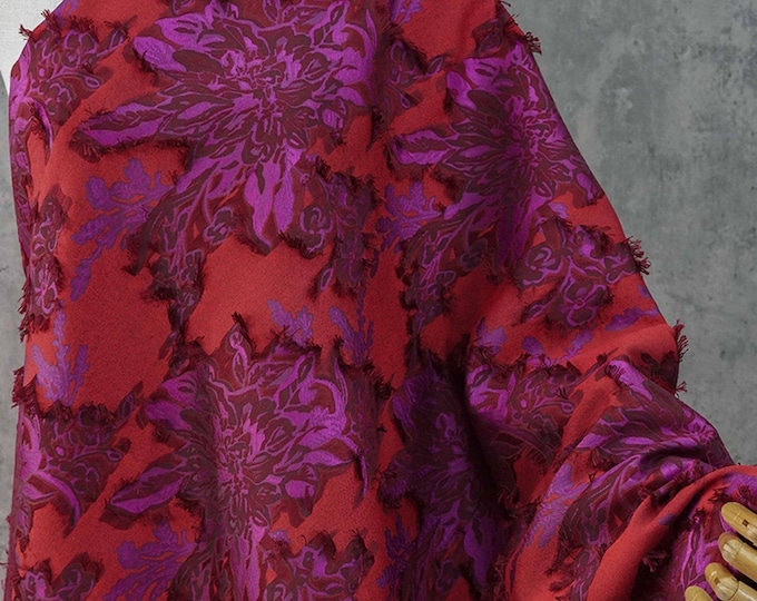 Red & Purple Floral Jacquard Fabric – Textured Woven Material, 56" Wide