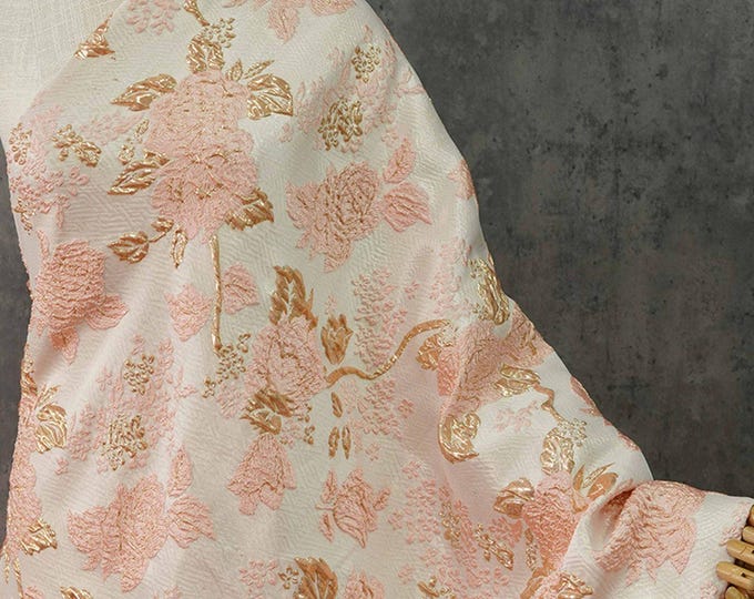 54"W Gold thread embossed Palace jacquard fabric, Damask, Upholstery, Decor, Costume, Curtain, Handbag, Sewing/Fabric by the meter