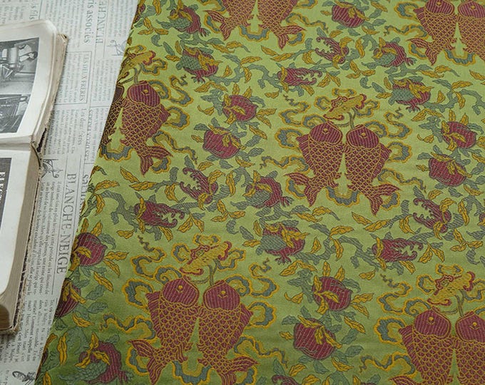 Eight Treasures Double Fish Jacquard Brocade Fabric: Qipao, Hanfu Sewing