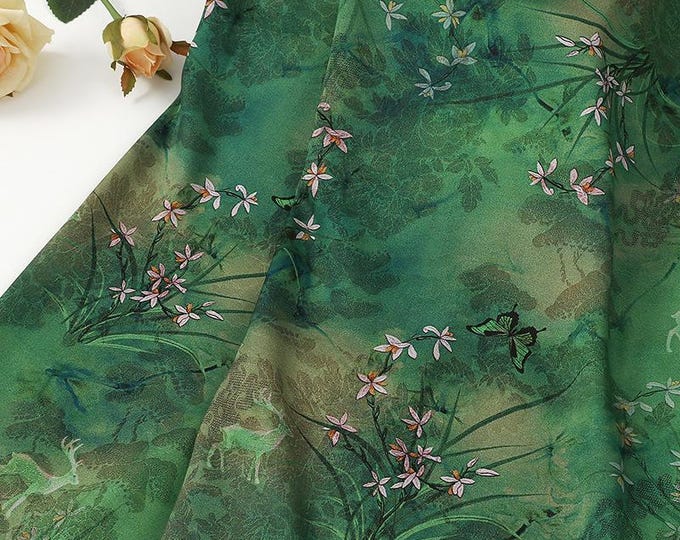 Butterfly Bamboo Tea Silk Satin Fabric: 59"W Upholstery, Costume, Cheongsam