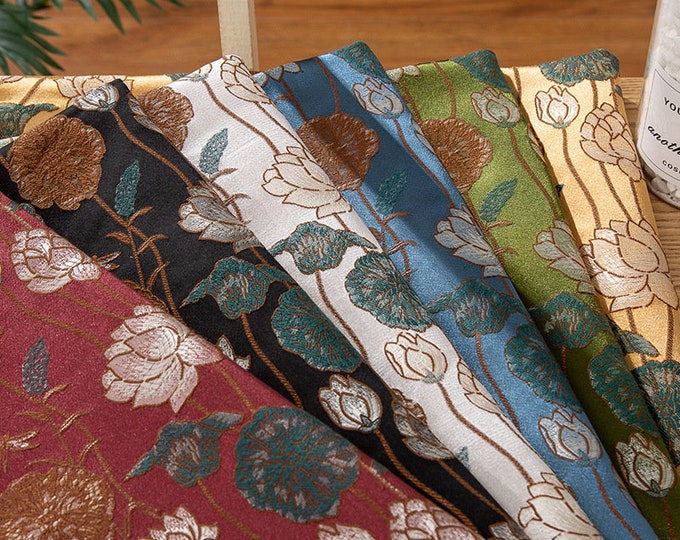 59"Width Nishijin Ori Brocade Satin Fabric With Lotus flowers| Japanese Style Home Decor, Chinese Sewing Brocade, Upholstery, drapery/fabric