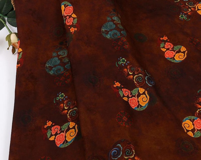 Brown Gourd Pattern Xiangyun Silk Fabric – Rayon Silk fabric for Cheongsam, Dressmaking & Traditional Chinese Clothing, 59"Wide