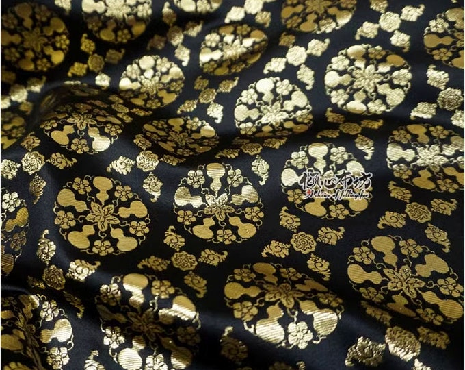 59"W Auspicious gourd flower fabric Japanese Nishijin weaving gold thread brocade fabric by the meter, Upholstery and Sewing fabric