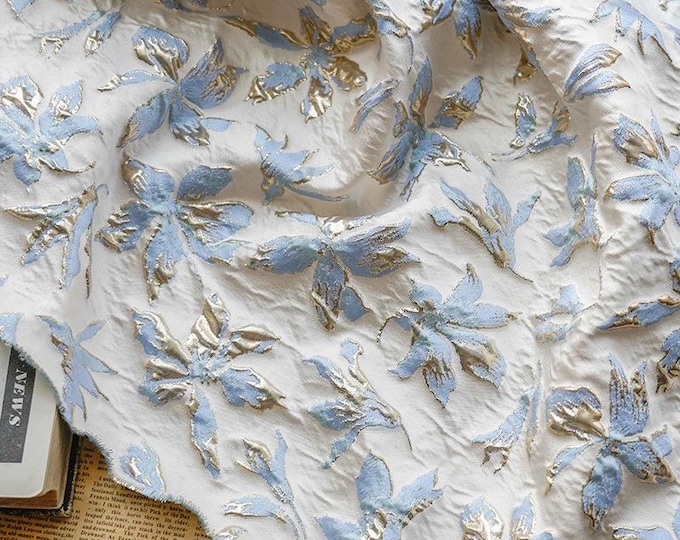 Light blue & gold thread jacquard fabric, 3D texture, designer fabric, Upholstery, Prom dress and Sewing fabric, 56" W By 1 yard on SALE