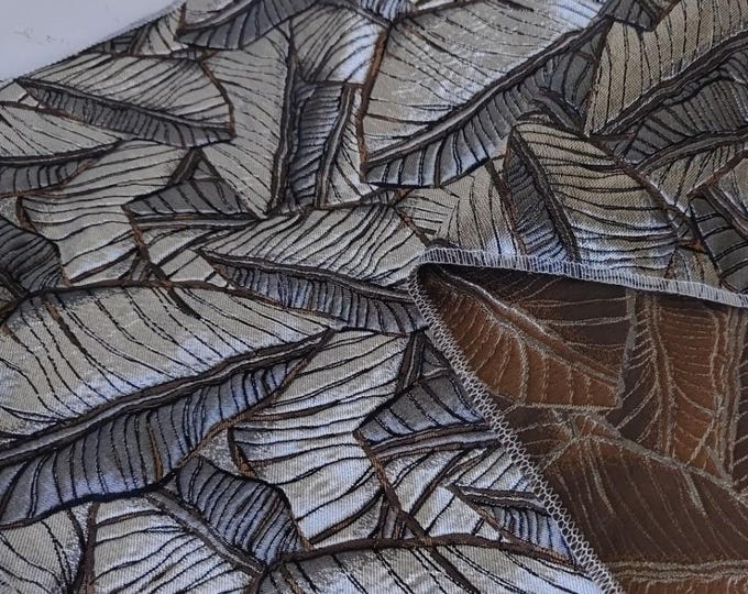 3D Embossed Leaf Jacquard Fabric: Antique Brown & Silver Upholstery Material