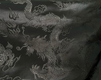 Pure Black Silk Brocade Fabric Big dragon, Wedding Fabric, 29.5"W brocade Fabric By 1 Meter on SALE, Upholstery, Quilting, Sewing, Costume