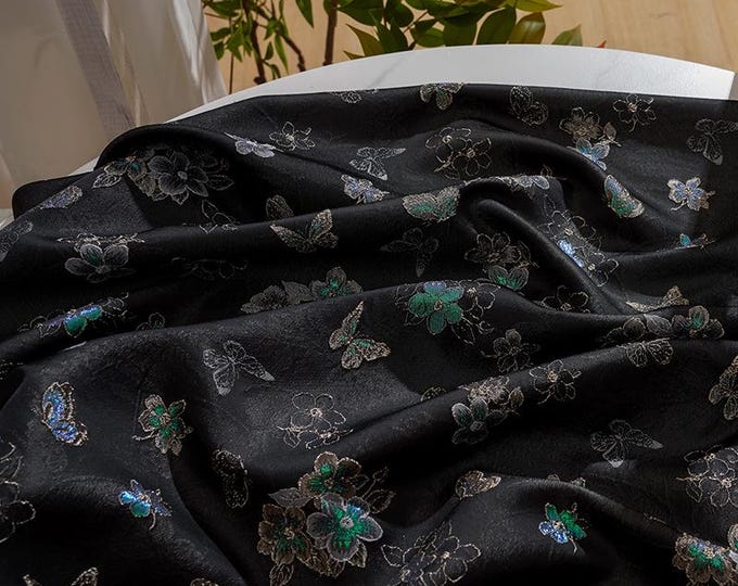 Chinese Embossed Jacquard Silk Fabric – Butterfly & Floral Brocade for Cheongsam, Mongolian Robe, Cushions, Crafts, 59"Wide