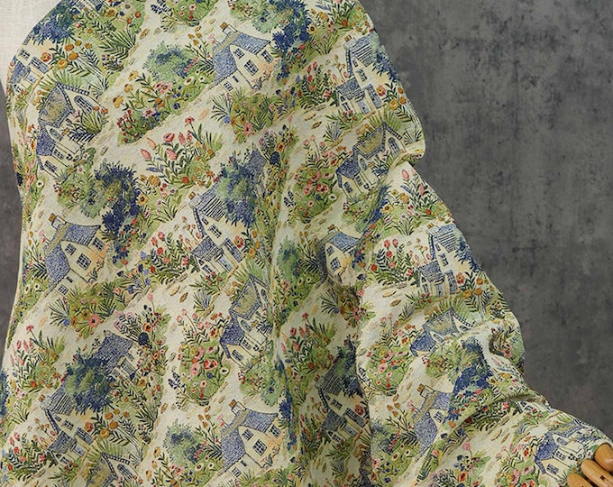 Pastoral Oil Painting Style Jacquard Fabric, Countryside Houses & Floral Weave, 56"Wide
