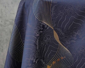 65"W Dark Purple Jacquard Fabric with Golden Thread, Wave Pattern by the meter, 2 colors, Upholstery, Luxury Home Decor, Designer Textile