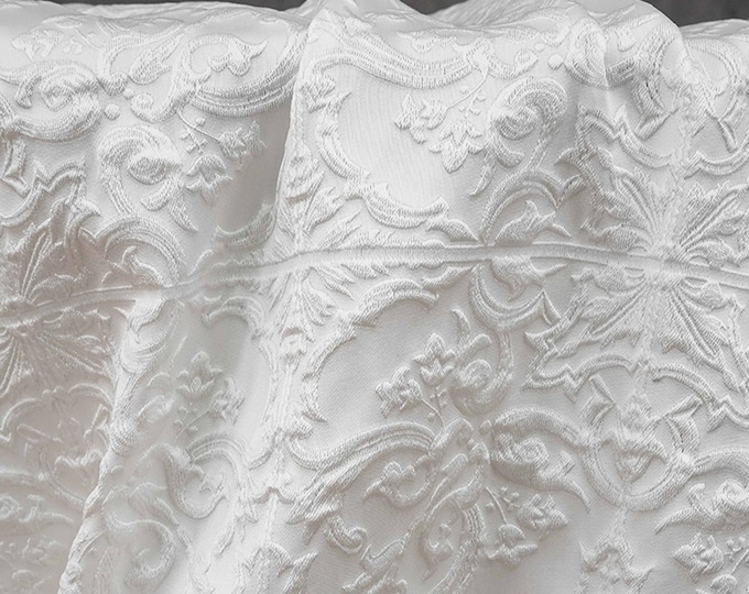 Pure white European Baroque Embossed Floral Scroll Jacquard Fabric, 55"Wide