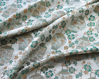 Green Brocade Fabric: Ancient Chinese Painting Pattern, 65" Wide