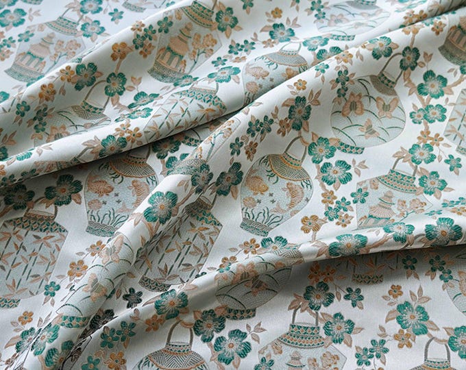65"W green Ancient Chinese Famous paintings pattern Brocade, Upholstery, Decor, Costume, Curtain, bag, Sewing, quilting/Fabric by 1 meter