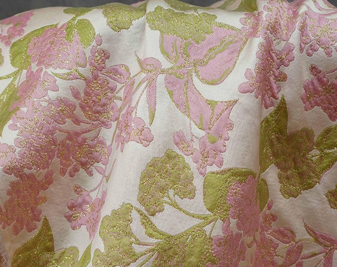 Romantic Jacquard Brocade Fabric with Gold Thread Embossed Pink Floral Design for Vests, 58"Wide