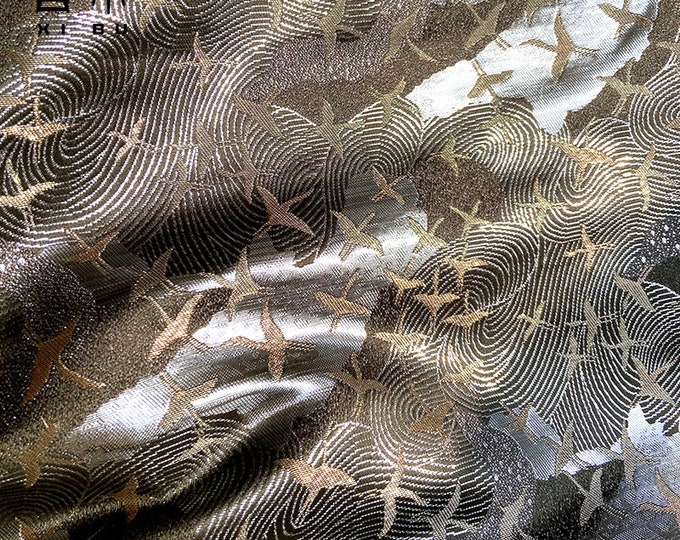 29.5"W Japanese classic pattern, Crane Jacquard Satin fabric, Retro Silk Brocade By The Meter, Home Decor Fabrics, Silver Grey Color On Sale