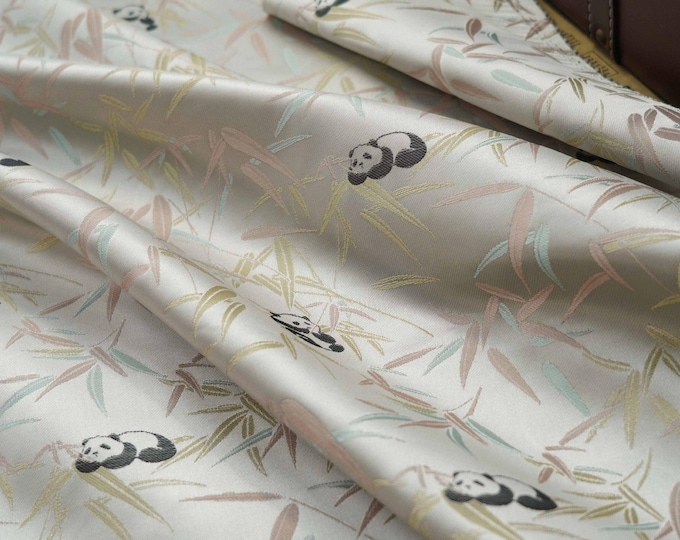 65" Width Cute Panda Brocade Satin Fabric With Bamboo Leaves| Chinese Style Home Decor, Chinese Sewing Brocade for Kids, Dolls, Sewing