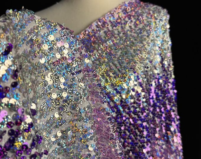 50“W Ombre Purple Stretch Sequin Embroidered Knit Fabric – High-End Gradient Glitter Fabric for Gowns, Dresses, Evening Wear & DIY Projects