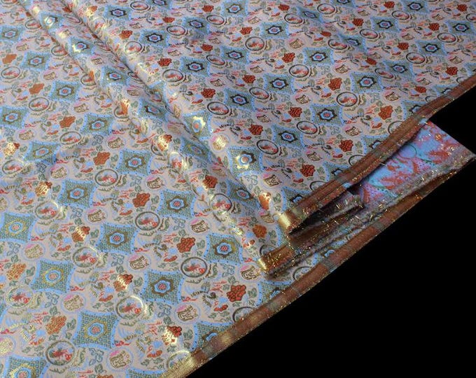 Gold Brocade Fabric: Tibetan Buddhist Lotus Embroidery, 28"W