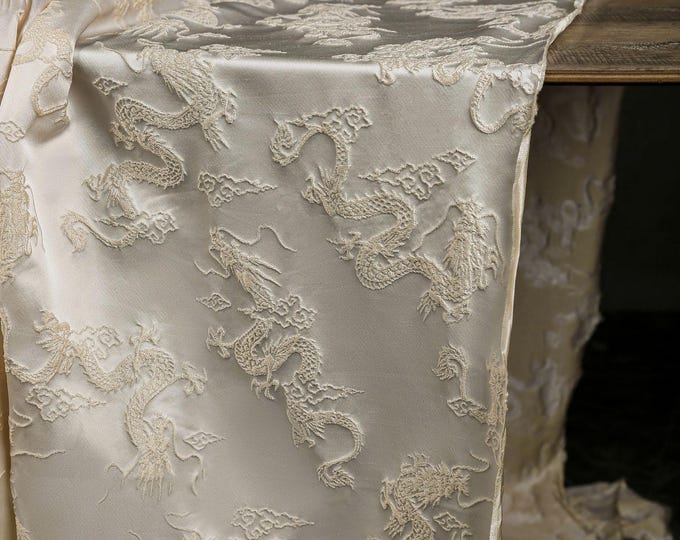 Apricot Satin Jacquard Fabric with Dragon Pattern – Chinese Style Silky Textured Fabric for Hanfu, Cheongsam, and Elegant Clothing Designs