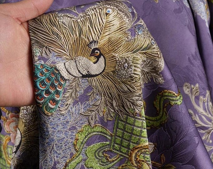 58"W Purple lifelike peacock Tea silk satin fabric, rayon, Upholstery, Decor, Costume, Curtain, bag, Sewing, drapery, DIY, quilting/Fabric