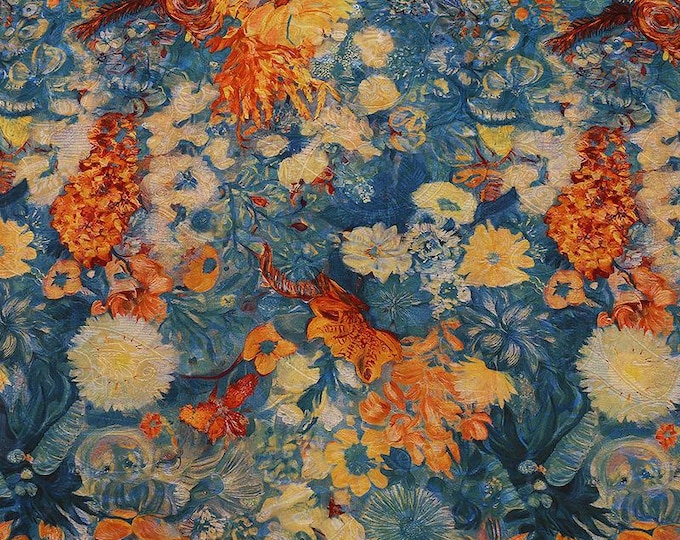 Oil Painting Style Floral Print Shiny Rayon Jacquard Fabric by the Yard, 59" Wide