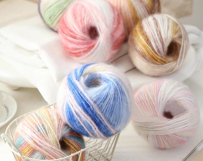 Rainbow Hand-Dyed Mohair Silk Yarn – Kid Mohair Lace Knitting Yarn, Colorful Gradient Rainbow DIY Hand Knitted Wool Ball, Sold by Ball
