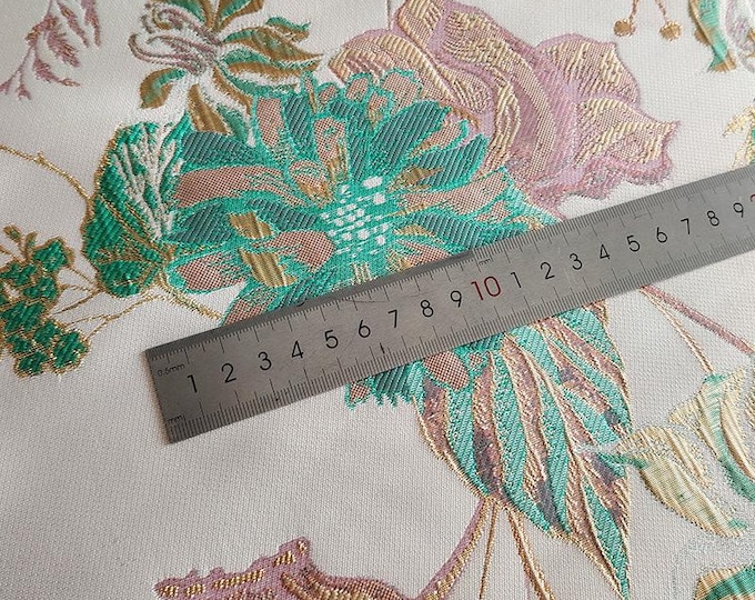 Gold Embossed Floral Jacquard Fabric: Pink Peach Dressmaking Material, 57" Wide