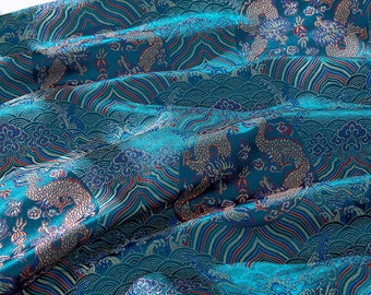 Teal Traditional Sea Ocean waves with Dragon rayon jacquard brocade Fabric, 29.5"/75cm, fabric for dresses, skirts, shirts, Wedding on SALE