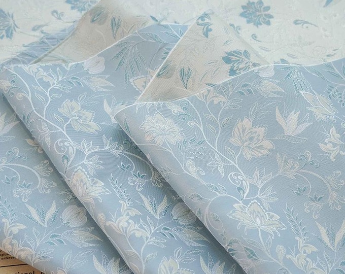Azure Reversible jacquard woven fabric, Light blue flower pattern with embossed effects, Upholstery, Sewing DIY fabric, 64"W By 1 yard