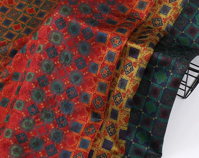 59"W Asian totem patterns Tea silk satin fabric, 3 colors, Upholstery, Decor, Costume, Curtain, bag, Sewing, drapery, DIY/Fabric