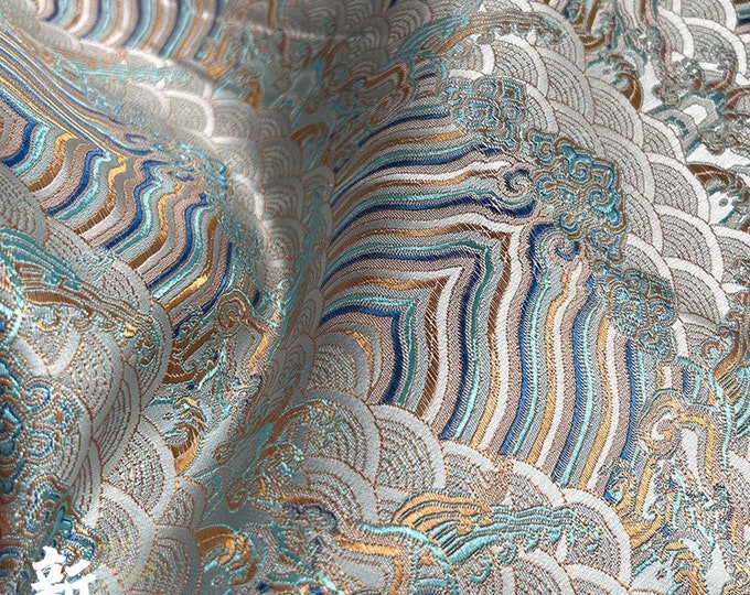 55"W Silver white Traditional Ocean waves Silk rayon jacquard brocade Fabric, Upholstery, Quilting, Sewing, drapery, DIY, Quilting by meter