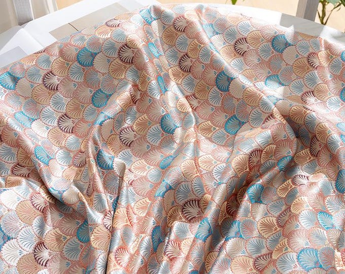 Silk fabric, jacquard fabric, Japanese Shell Kinran, 29.5”W, Upholstery, Decor, Costume, Handbag, Sewing/Fabric by the meter, pale pinkish